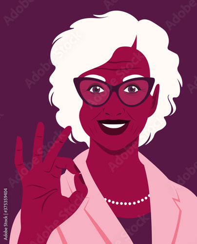 Portrait of an elderly African woman makes an okay gesture. A successful employee. Office professions. Vector flat illustration.