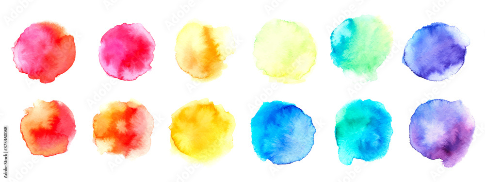 Hand drawn sketch abstract watercolor splashes set. Isolated colorful blots on white background