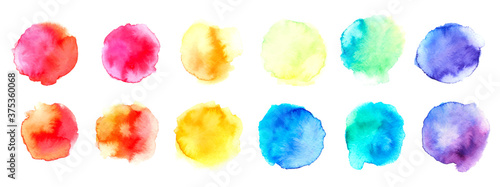 Hand drawn sketch abstract watercolor splashes set. Isolated colorful blots on white background