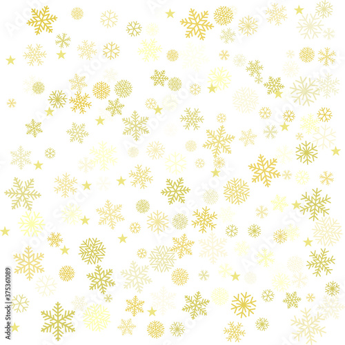 Gold Christmas snowflakes background. Winter golden snow minimal frame decoration on white  greeting card. New Year Holidays subtle backdrop. Noel Vector illustration