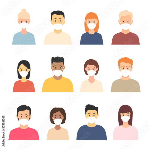Group of multicultural men and women wearing medical masks. Disease, flu, contaminated air, world pollution, pandemic concept set. Vector illustration human avatar in a flat style isolated on white