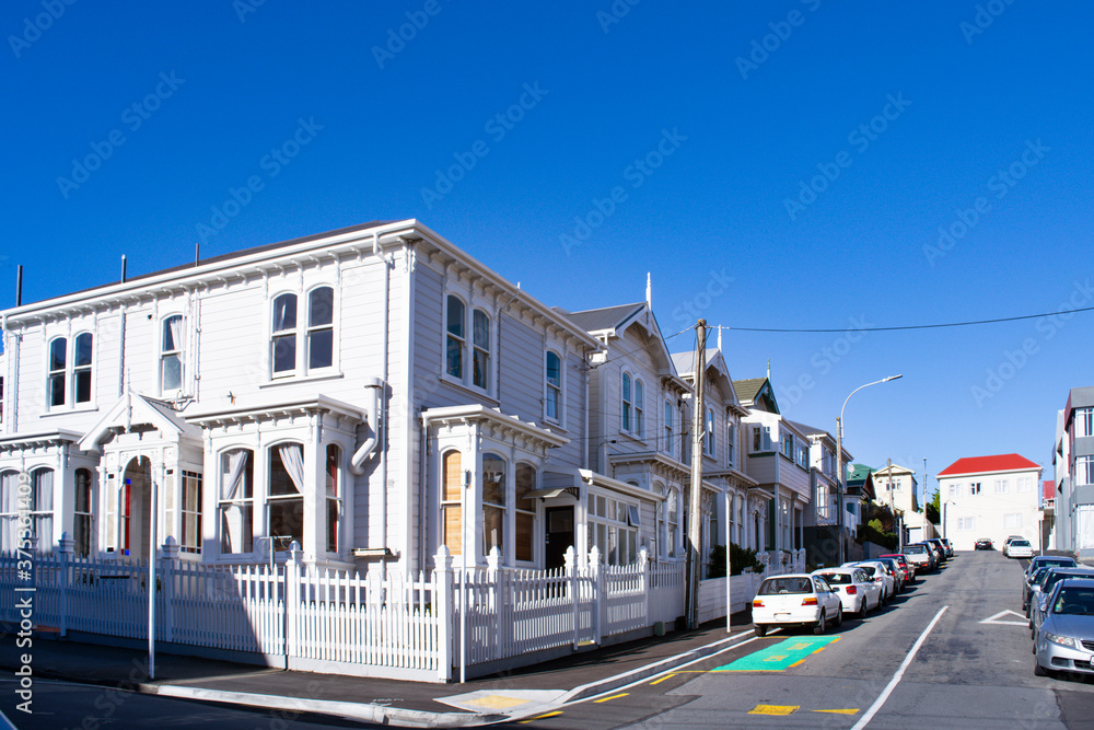 A row of traditinal white villas in a steep street of quiet suburb in Wellington, New Zealand.