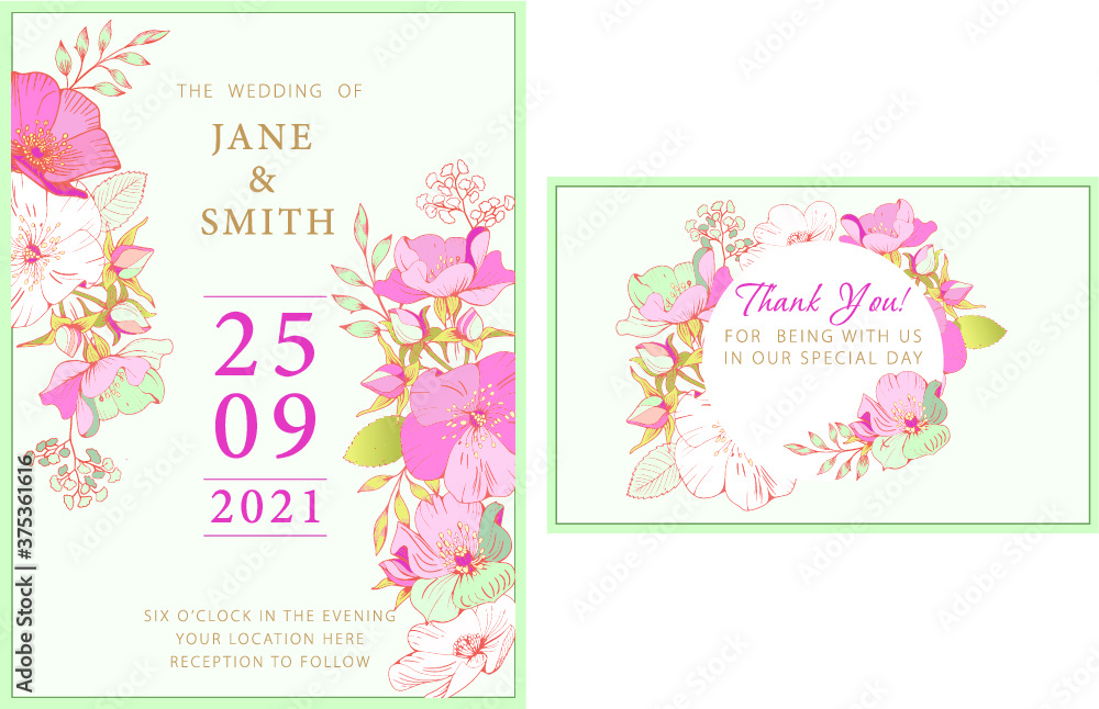 wedding invitation card with flowers, nature; botanical style; printable card; floral drawing; party; festival; floral greeting; romantic; wedding announcement; bride; flourish summer; editable; 