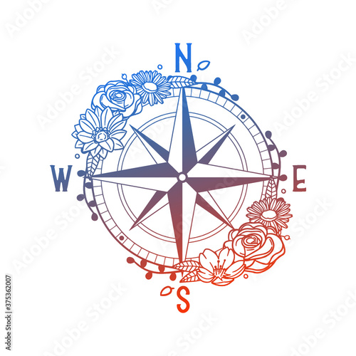 Compass Travel Star Rose Flower with Vintage Key Design. Floral frame ornament vector style. Decoration Design Empty illustration.