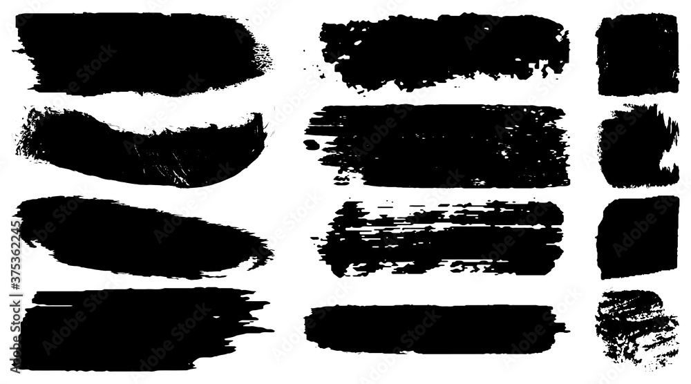 A collection of brush strokes with a dry brush. Black paint. Blots of ink