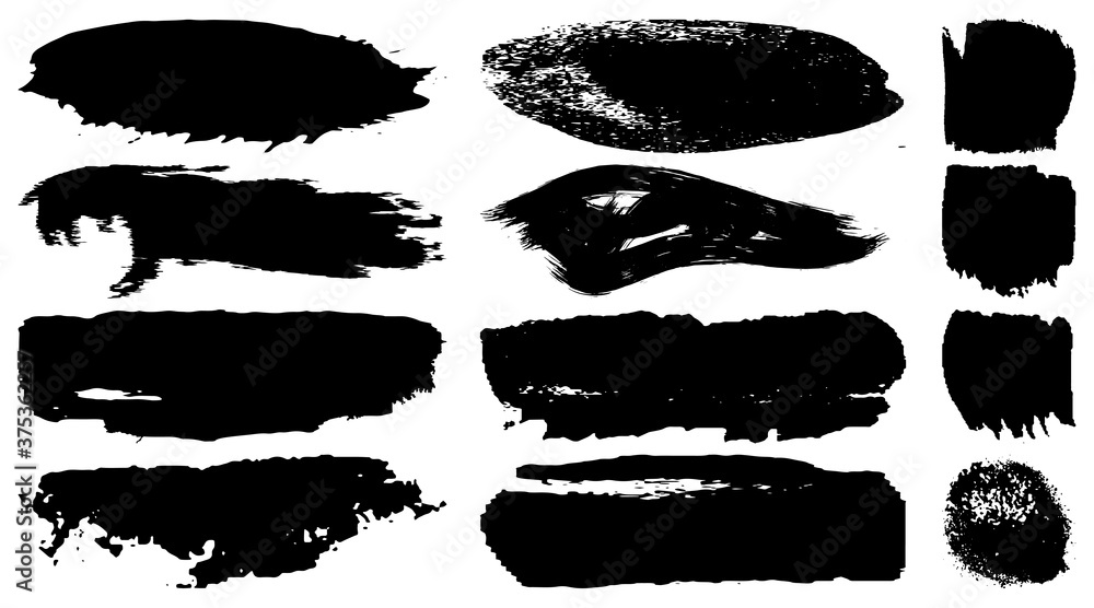 A collection of brush strokes with a dry brush. Black paint. Blots of ink A collection of brush strokes with a dry brush. Black paint. Blots of ink