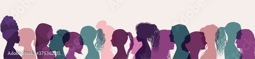 Silhouette group of multiethnic women who talk and share ideas and information. Women social network community. Communication and friendship women or girls of diverse cultures. Speak