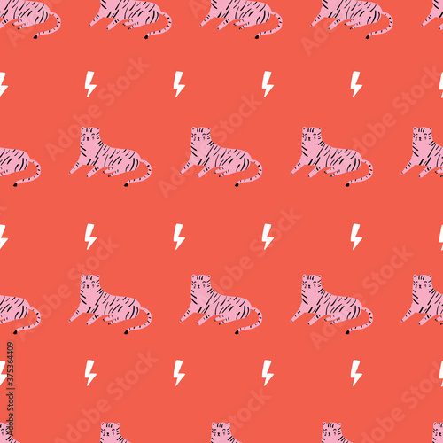 Seamless repeat vector red lightening bolt and pink tiger pattern. wild cat lion.