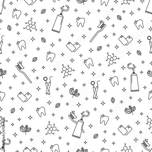 Dental care seamless pattern with teeth, toothbrush, toothpaste, medical equipment. Modern outline vector illustration. Health care background for dentistry clinic, branding, advertisement