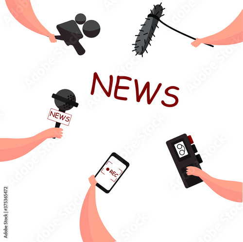 A set of hands holding microphone, voice recorder, a smartphone and a camera. Journalism concept.