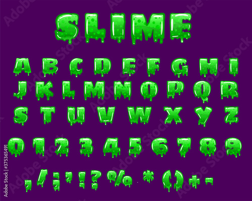 Slime Font green bubbling toxic mold. Letters numbers glyphs