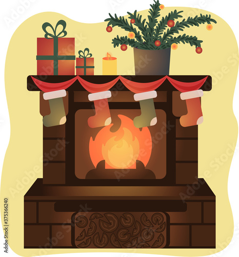 Fireplace and with christmas decorations vector flat illustration. Fireplace with fire and socks, gifts, candle and spruce. New year style, holidays vibes, Christmas mood, Christmas tree.