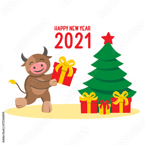 The year of the ox. Merry Christmas and happy new year 2021. Funny vector illustration.. © Buabunya
