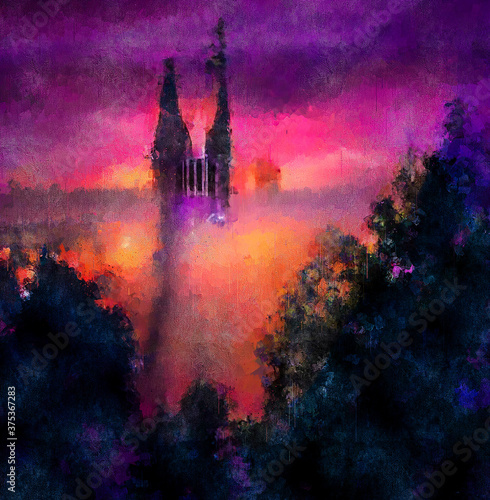 futuristic drawing with a fortress at dusk. Digital painting