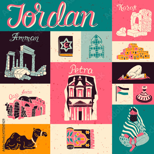 Culture and national color of Jordan. Collection of illustrated symbols and landmarks of the country in retro style