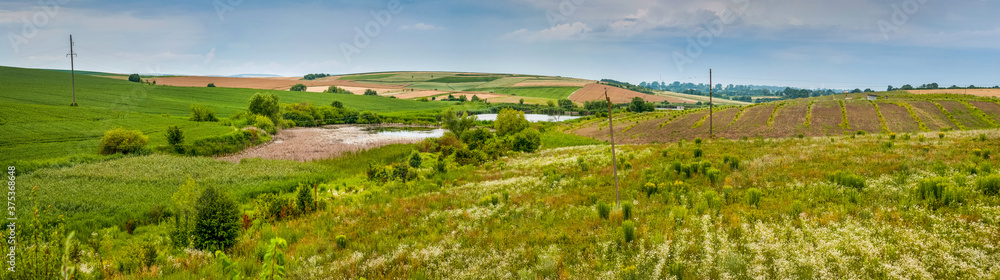 panoramic view of agricultural land and the lake from above, picturesque landscapes