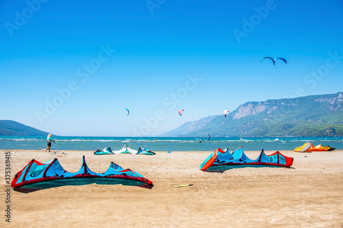 Fototapeta Naklejka Na Ścianę i Meble -  Kitesurfing in Gokova Gulf of Turkey.