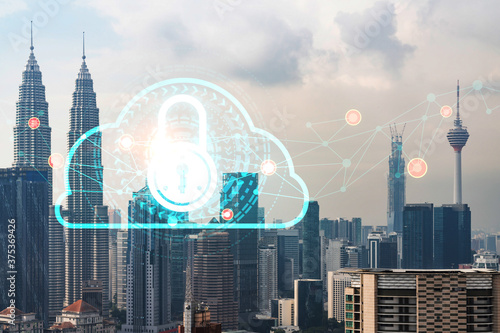Photography Padlock icon hologram over panorama city view of Kuala Lumpur to protect business, Malaysia, Asia