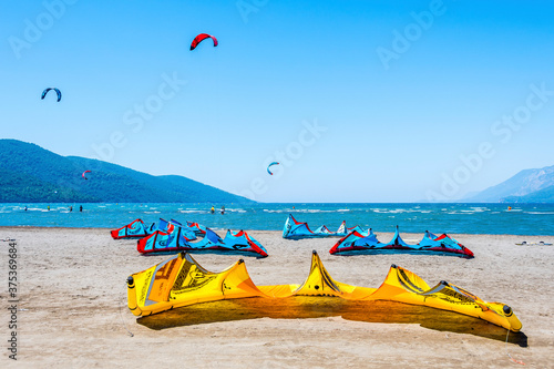 Fototapeta Naklejka Na Ścianę i Meble -  Kitesurfing in Gokova Gulf of Turkey.