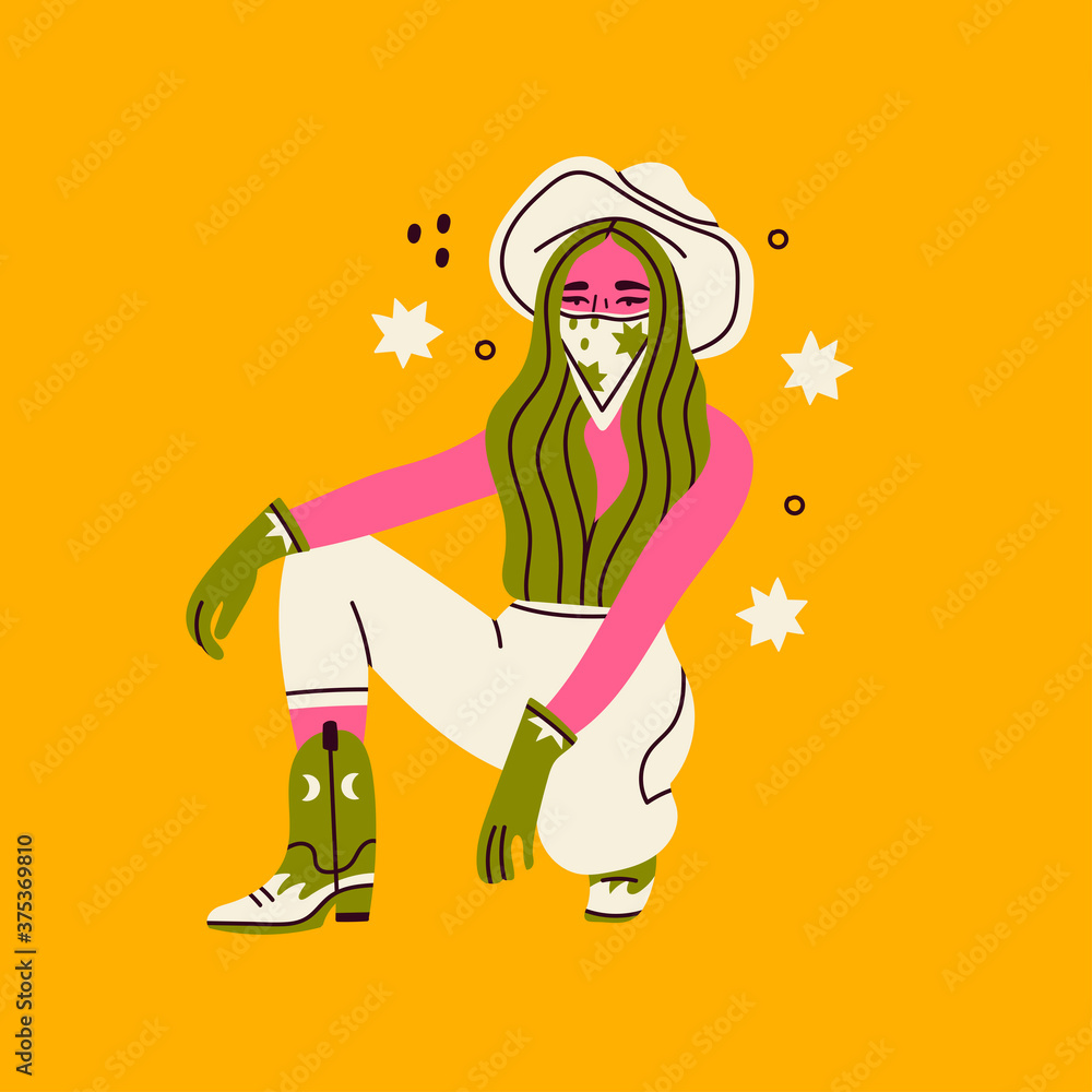 Obraz premium Stylish young Woman with a cowboy hat and bandana. Pink Cowboy girl sitting and wearing green boots and gloves. Hand drawn colored trendy Vector illustration. Isolated on a yellow background