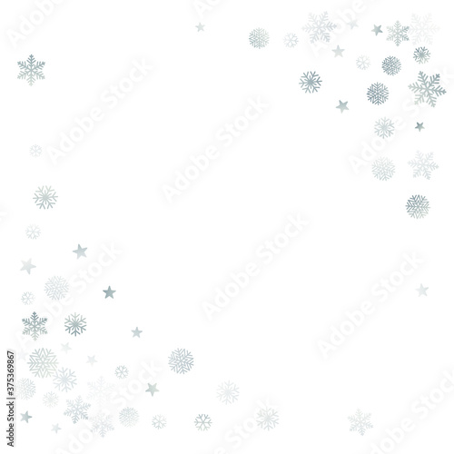 Silver Christmas snow background. Winter snowflakes subtle frame decoration on white, greeting card. New Year Holidays subtle backdrop. Noel Vector illustration