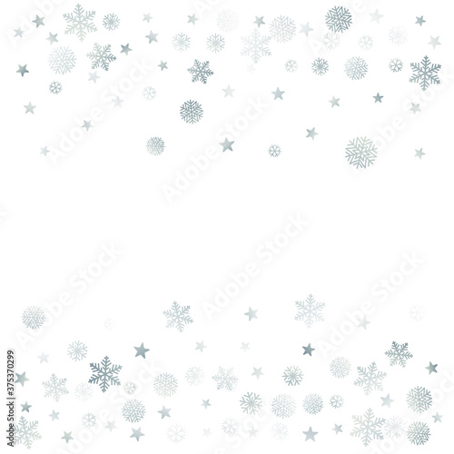 Silver Christmas snow background. Winter snowflakes subtle frame decoration on white, greeting card. New Year Holidays subtle backdrop. Noel Vector illustration