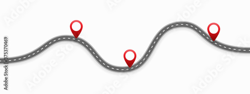 GPS pin pointers on the road. Cartoon vector illustration
