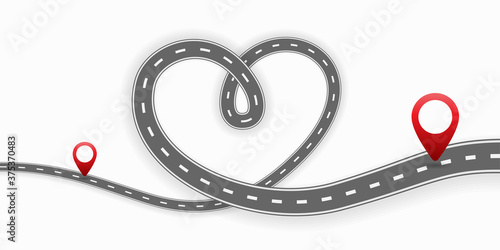 GPS pin pointers on the road heart shaped. Cartoon vector illustration