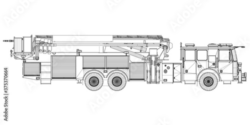 Fire truck wireframe from black lines isolated on white background. Side view. Vector illustration