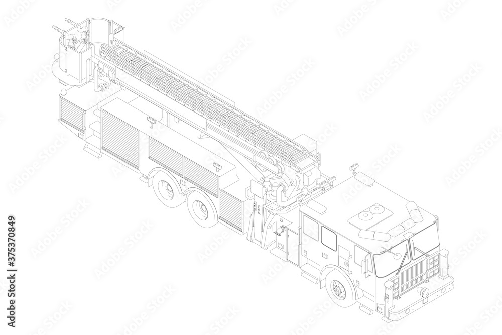 Outline of a fire truck from black lines isolated on a white background. Isometric view. Vector illustration