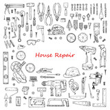 Big set of house repair tools including: hammer, sledgehammer, spatula, brush, nail, screw, nut, wrench  and other tools. Hand drawn vector collection
