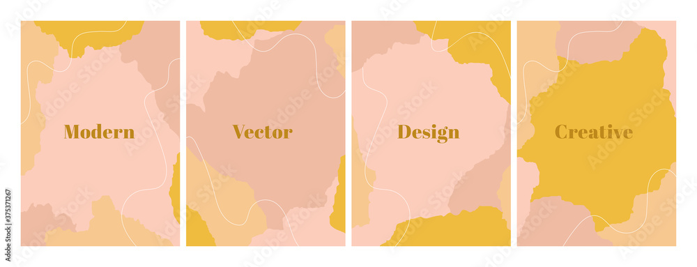 Fashion set of abstract backgrounds with organic shapes and hand draw line in pastel colors. Neutral background in boho style. Contemporary vector Illustration
