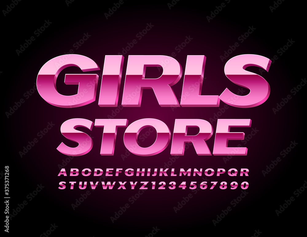 Vector glamour sign Girls Store. Pink metallic Font. 3D glossy elegant Alphabet Letters and Numbers Vector glamour sign Girls Store. Pink metallic Font. 3D glossy elegant Alphabet Letters and Numbers