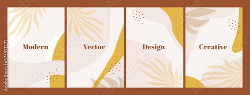 Stylish set of templates with abstract shapes and hand draw leaves in pastel colors. Neutral background in boho style. Vector Illustration