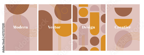 Modern set of stylish templates with geometric shapes and line in neutral colors. Abstract background in minimalist style with space for text. Contemporary vector Illustration