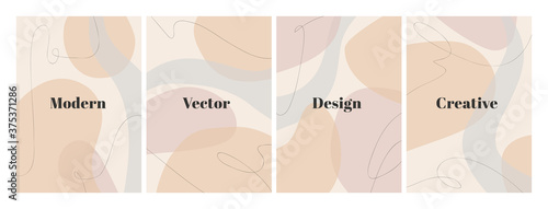 Set of stylish templates with organic abstract shapes and line in nude colors. Pastel background in minimalist style. Contemporary vector Illustration