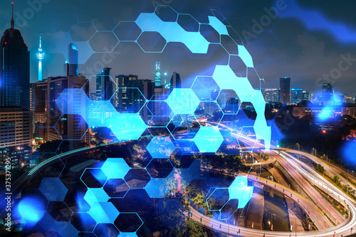 Canvas Print Abstract technology icons, night aerial panoramic cityscape of Kuala Lumpur, Malaysia, Asia