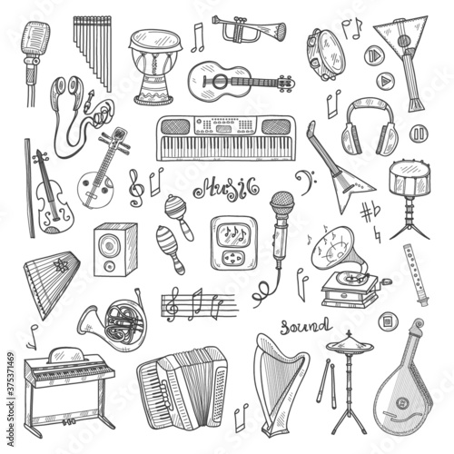 Set of cute hand drawn musical instruments. Vector collection