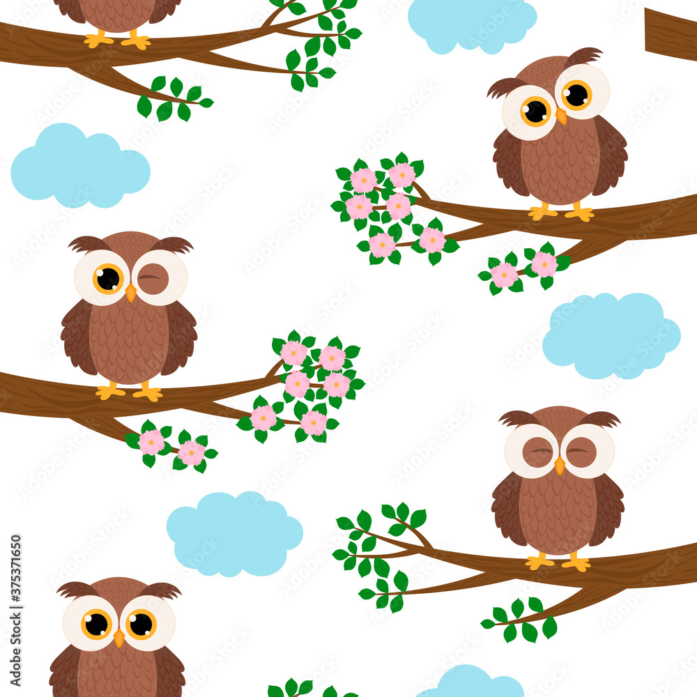 Fototapeta premium Seamless pattern Cute owl sitting on a tree branch leaves flowers sky clouds vector illustration