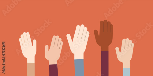 People vote with their hands. Raised hands of people of different nationalities. Vote by show of hands. Vector isolated illustration.