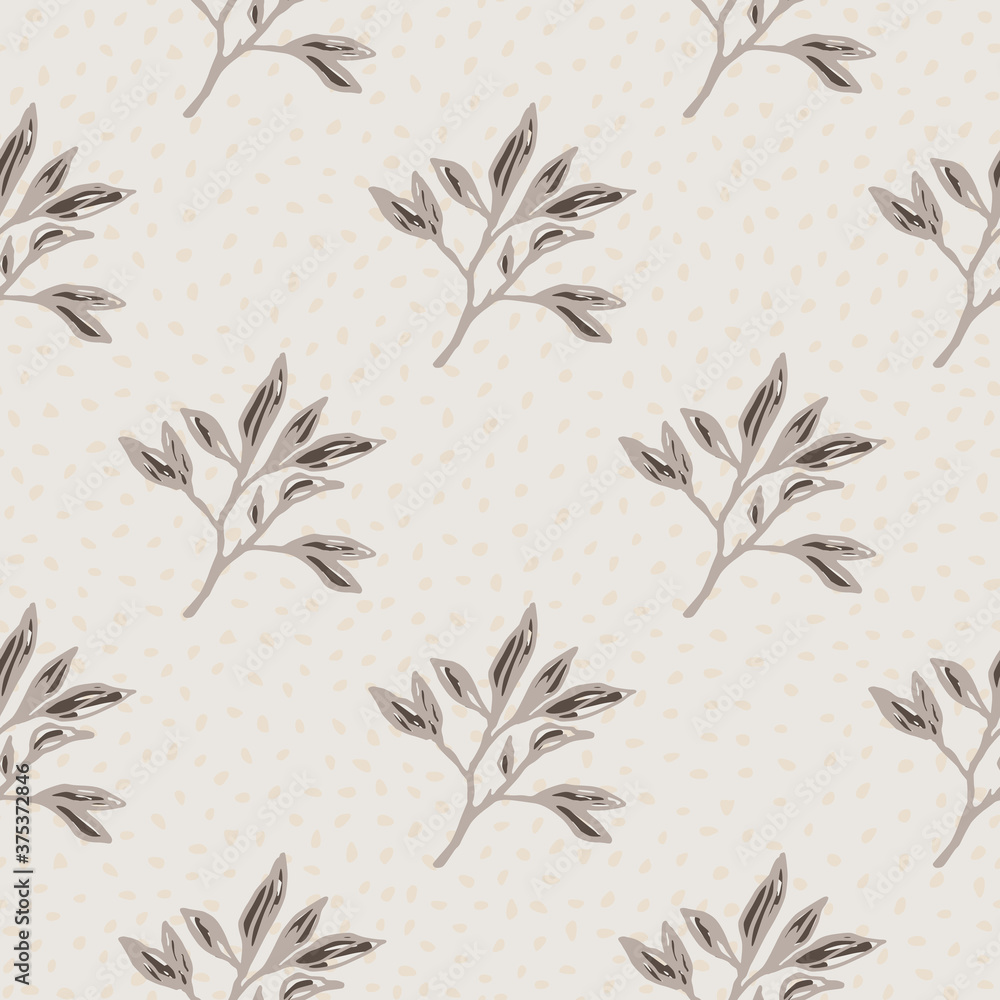 Fototapeta premium Minimalistic seamless pattern with branches ornament. Outline foliage in brown colors on light grey dotted background.