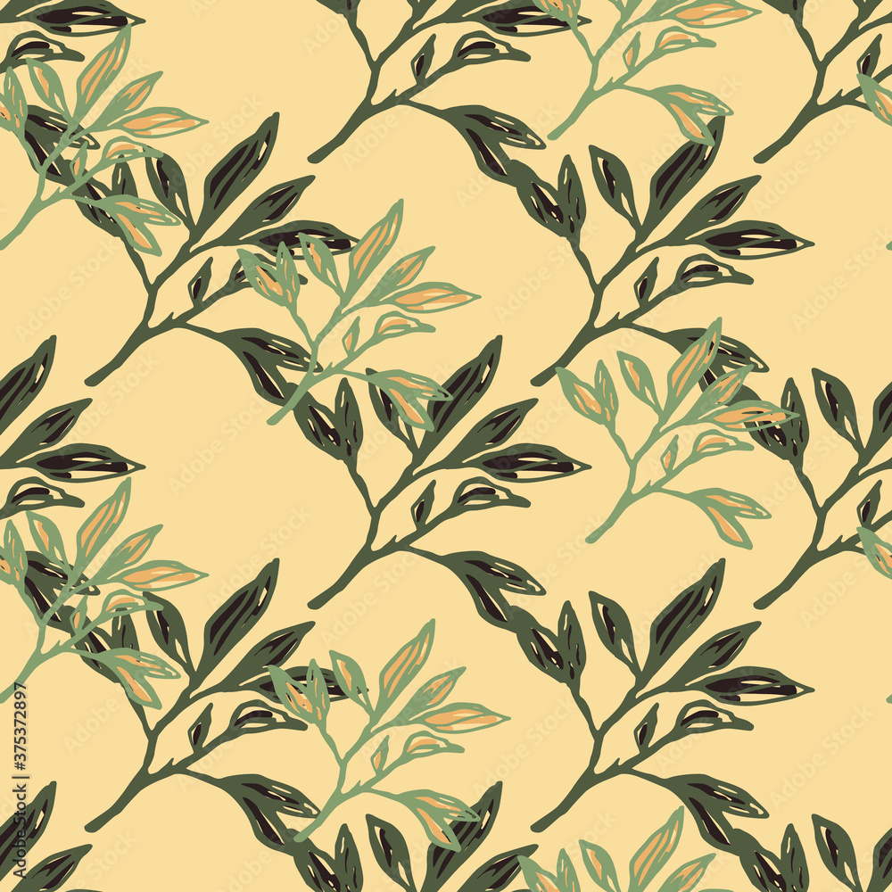 Seamless pattern hand drawn branches with leaves ornament. Green and brown silhouettes on light orange background.
