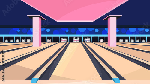 Empty bowling alley. Sport club interior.
