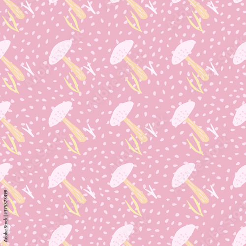 White mushroom ornament seamless hand drawn pattern. Bright nature design with pink dotted background.