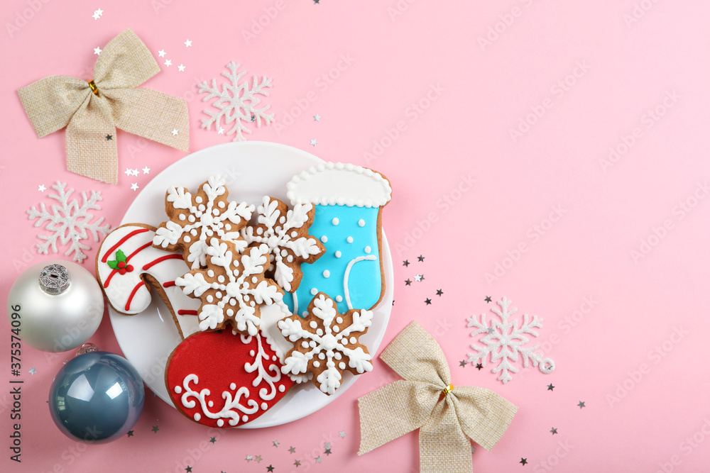 christmas cookies and christmas accessories top view. New year or christmas background with place for text
christmas cookies and christmas accessories top view. New year or christmas background with place for text