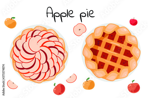 Two types of apple pie, with pieces of fruit on top and inside. Whole and sliced ​​apples are around.
Vector illustration isolated on white background. Top view.