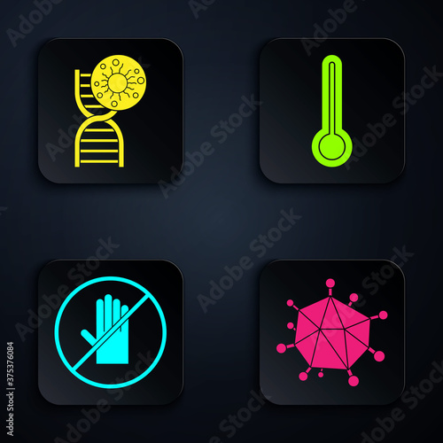 Set Virus, DNA symbol and virus, No handshake and Medical thermometer. Black square button. Vector.