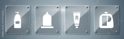 Set Bottles for cleaning agent, Tube of toothpaste, Condom and Bottle of liquid antibacterial soap. Square glass panels. Vector.