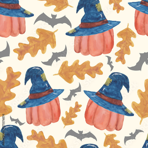 Halloween watercolor vector illustrations. Halloween seamless pattern with pumpkins in witch hat  bats and yellow leaves.