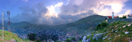 Othodox monastry of the Resurrection on a cliff above the village of Faraya and the valley in Mount Lebanon, Keserwen region, Lebanon